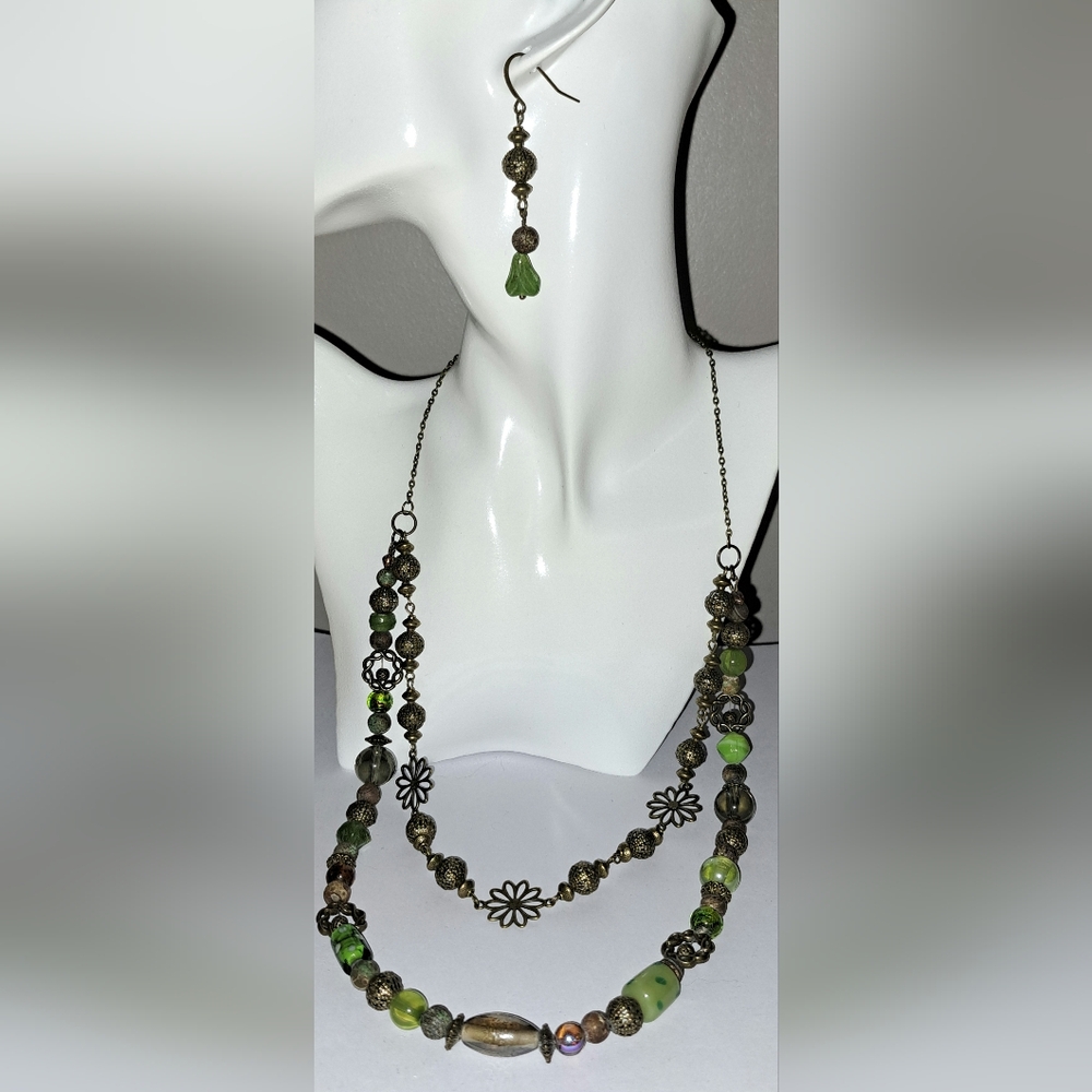 Multimedia Bronze & Shades of Green Beaded Boho Jewelry Set